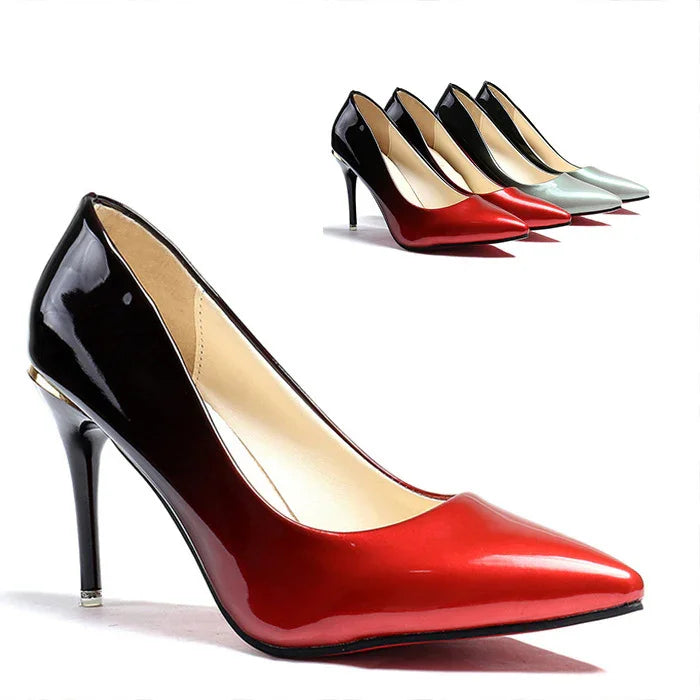 Set of classic pointed-toe high heel pumps in black-to-red ombre, red, pink, and silver colors
