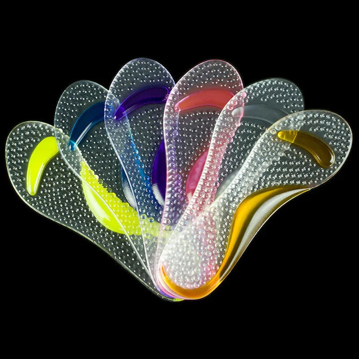 Colorful gel insoles with raised massage dots arranged in a fan shape on black background