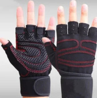 Pair of black fingerless workout gloves with red stitching and padded grip on palms