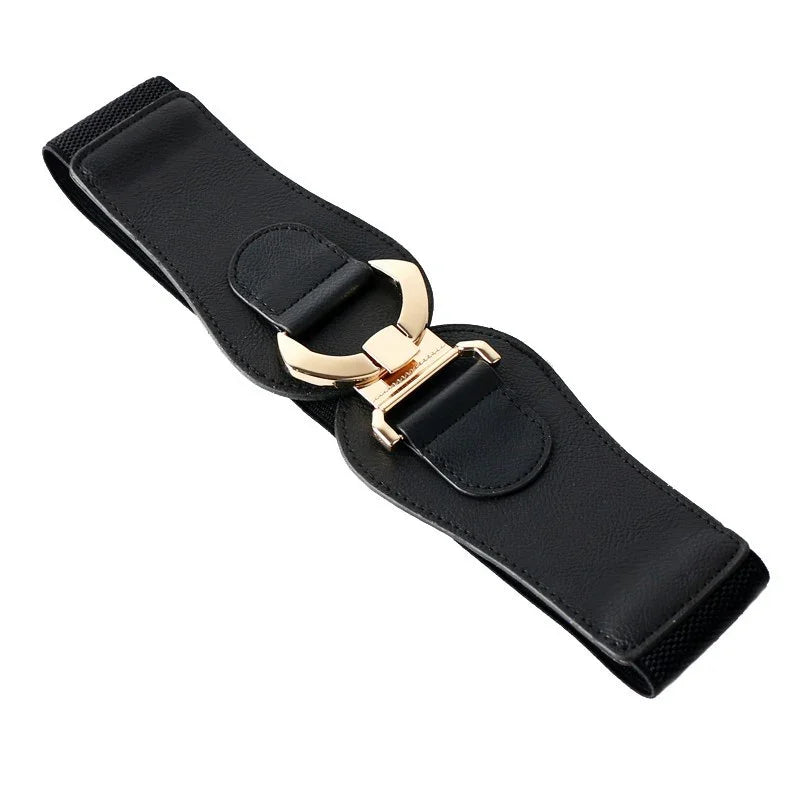 Black wide fashion belt with gold metal buckle and faux leather detail