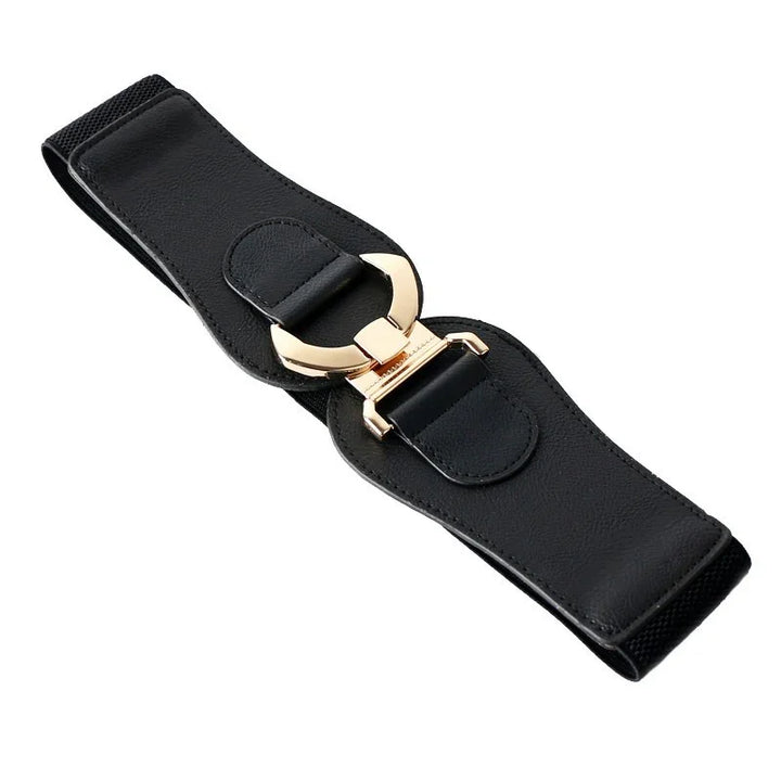 Black wide fashion belt with gold metal buckle and faux leather detail