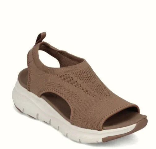Brown knit fabric open-toe slingback sandal with white thick sole, sporty casual footwear