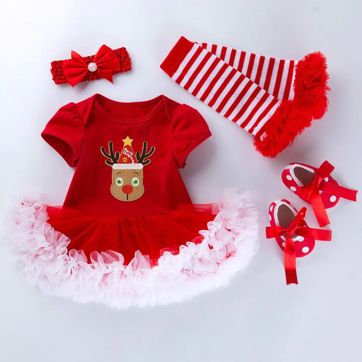 Red baby Christmas dress with reindeer print, striped leggings, headband, and polka dot shoes