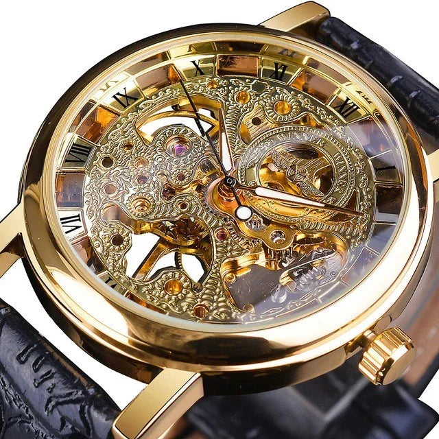 Close-up of elegant gold skeleton mechanical wristwatch with black leather strap and Roman numerals