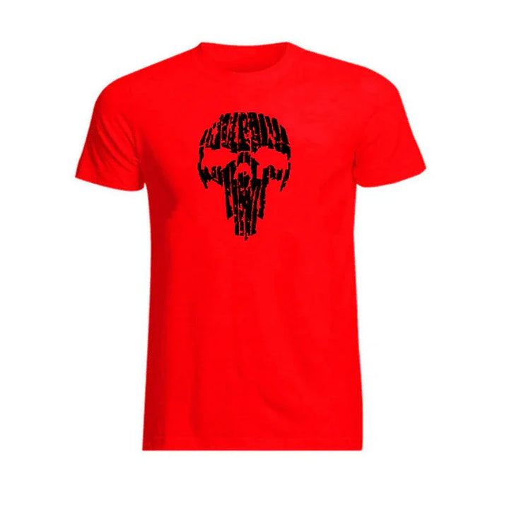 Red t-shirt with black abstract skull design on front