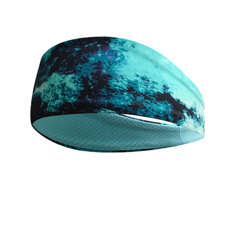 blue and black tie-dye breathable sports headband on white background