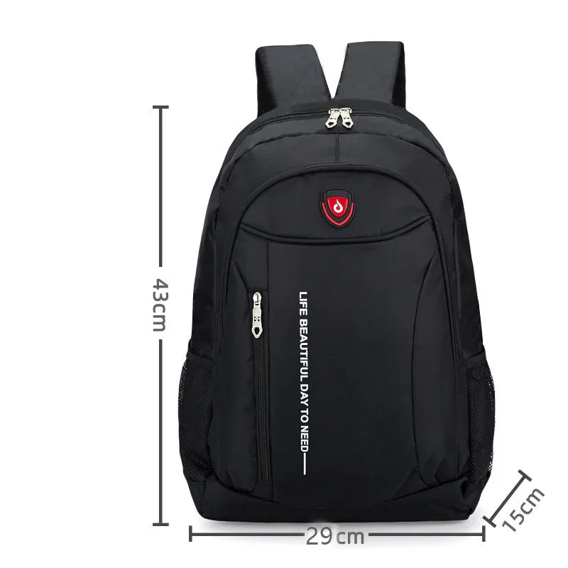Black backpack with front zipper pocket, mesh side pockets, and 'Life Beautiful Day To Need' text, 43x29x15 cm