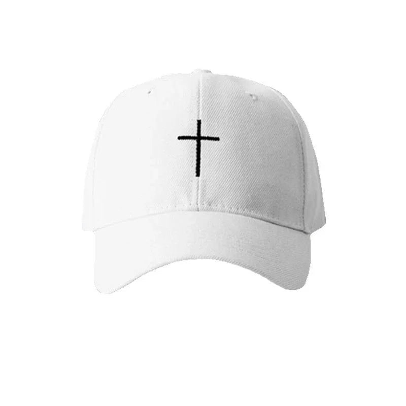 White baseball cap with black cross embroidery on front panel