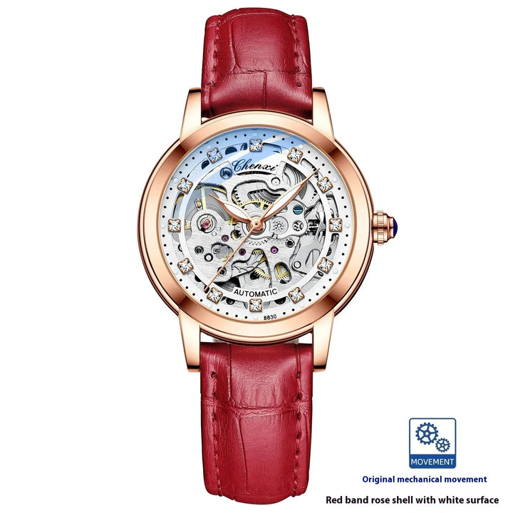 Chenxi automatic mechanical wristwatch with rose gold case, red leather strap, and white skeleton dial