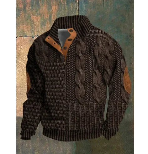Dark brown knitted sweater with cable knit design, ribbed collar, leather elbow patches, and button details