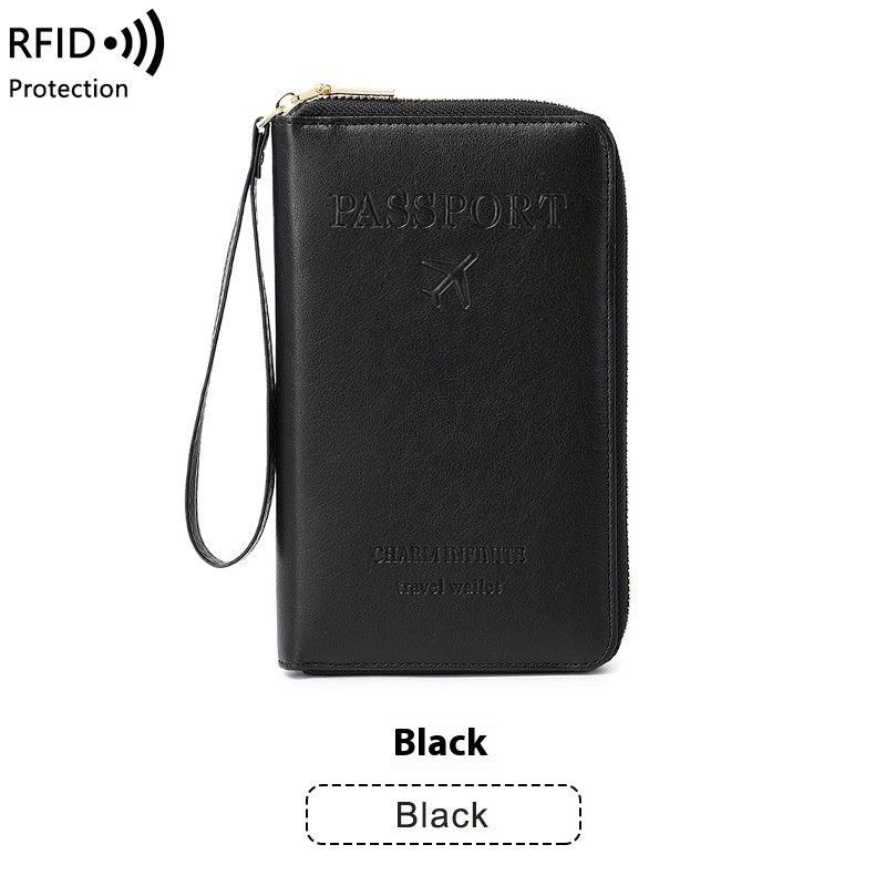 Black RFID protection passport travel wallet with wrist strap and embossed airplane design