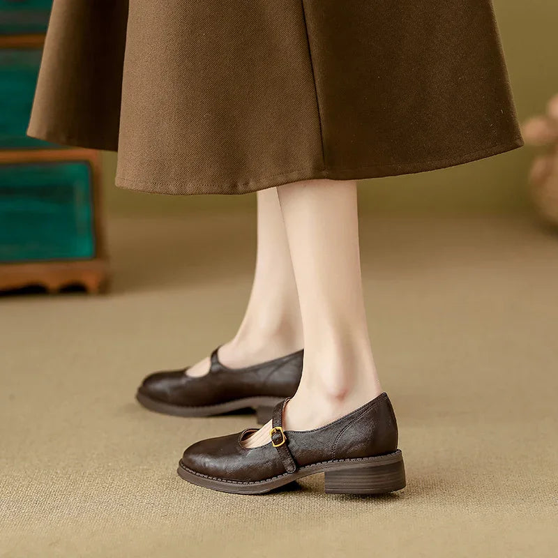 Woman wearing brown Mary Jane leather shoes with a low block heel and ankle strap