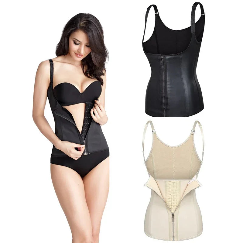 Woman wearing black waist trainer shapewear with front zipper and hooks, plus black and beige options shown