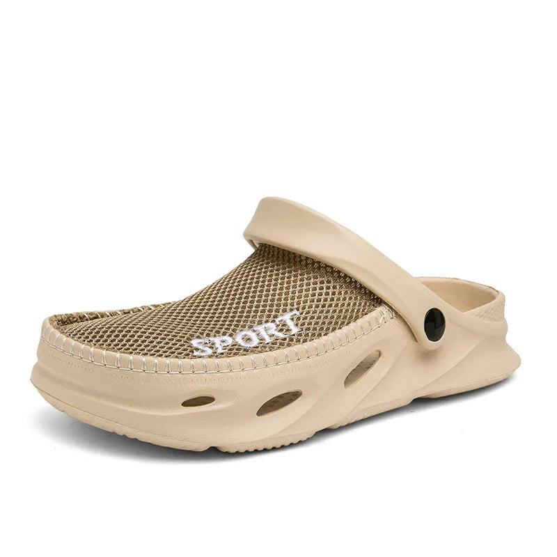 Beige sport clog with mesh fabric upper and adjustable heel strap, breathable casual footwear