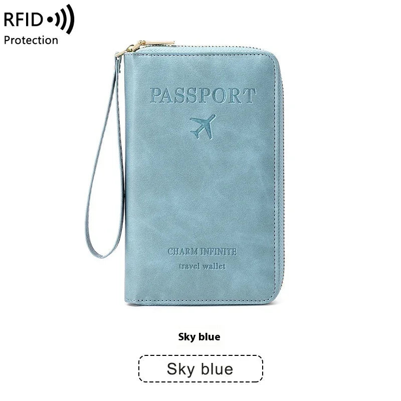 Sky blue RFID protection travel wallet with passport cover and wrist strap