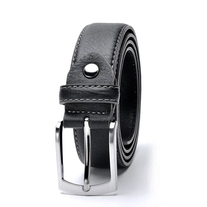 Black leather belt with silver buckle rolled on white background