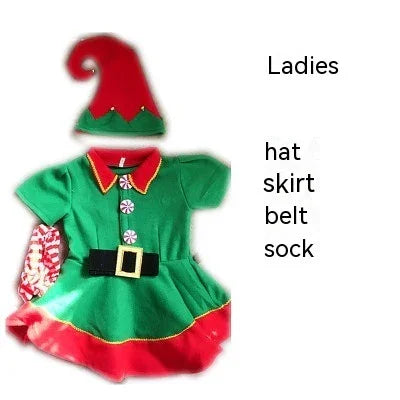 Ladies Christmas elf costume with green hat, green dress with red skirt, black belt, and festive socks