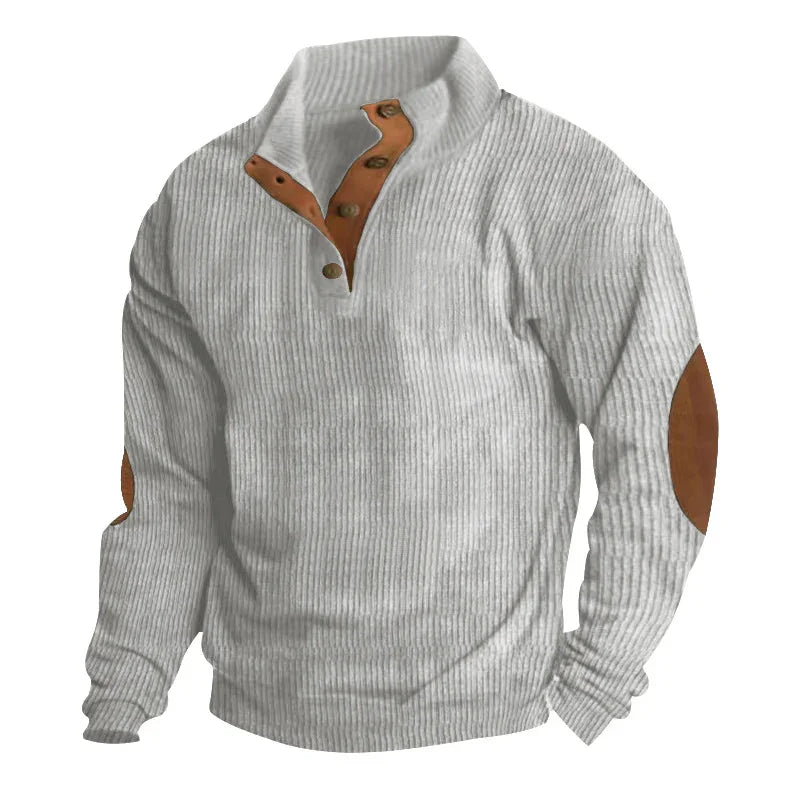 light gray ribbed pullover sweater with brown button placket and elbow patches, casual knitwear