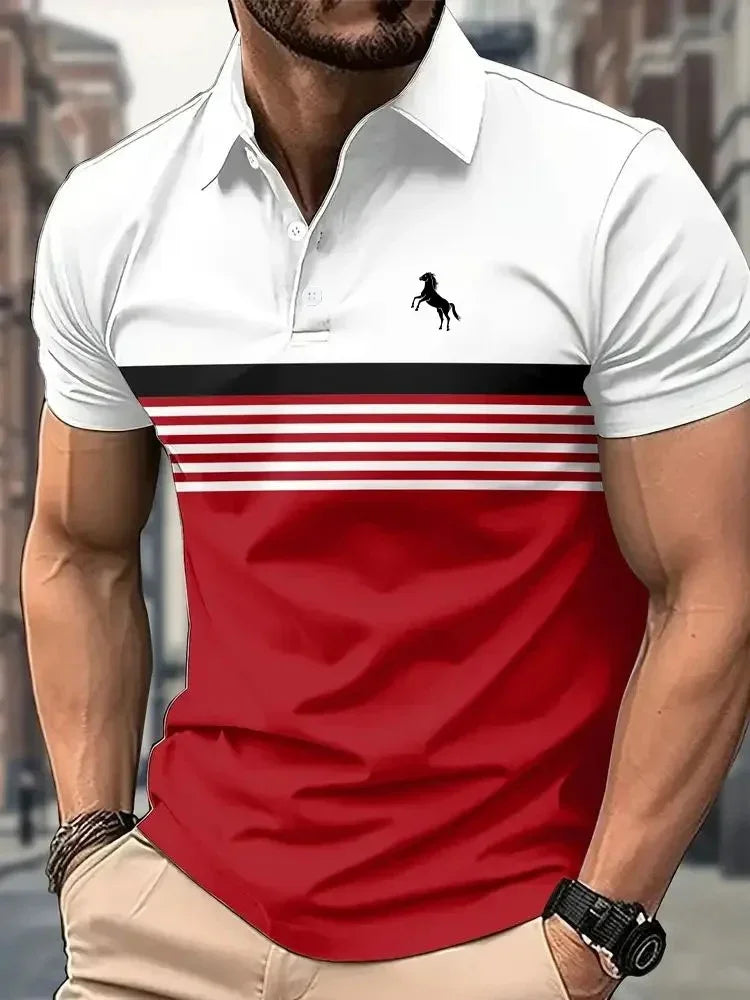 Muscular man wearing a short-sleeve polo shirt with red bottom, white top, black and white stripes, and black horse logo
