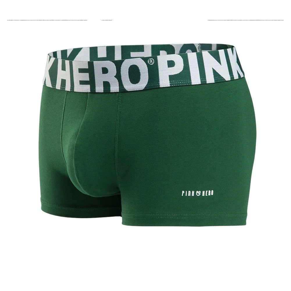 Green men's boxer briefs with white Pink Hero logo on waistband and leg