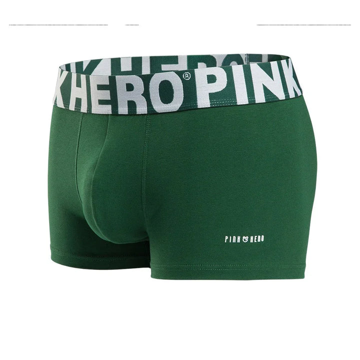 Green men's boxer briefs with white Pink Hero logo on waistband and leg