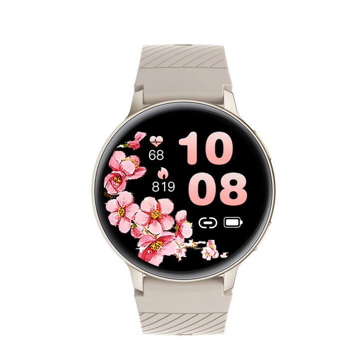 Beige smart watch with cherry blossom floral watch face, heart rate 68, steps 819, time 10:08