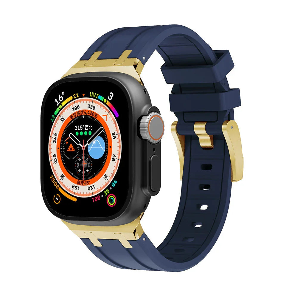 Smartwatch with black gold case, navy silicone strap, advanced fitness and navigation display