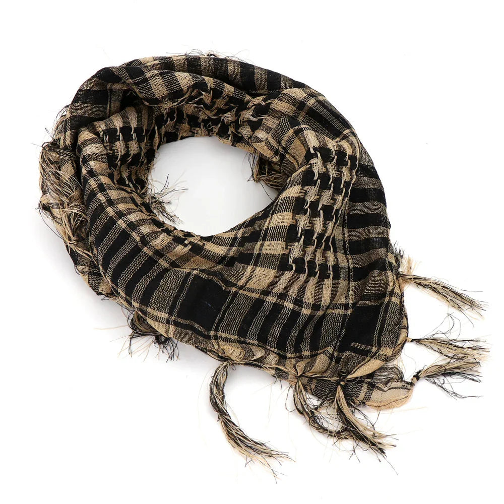 black and tan checkered shemagh scarf with tassels on white background