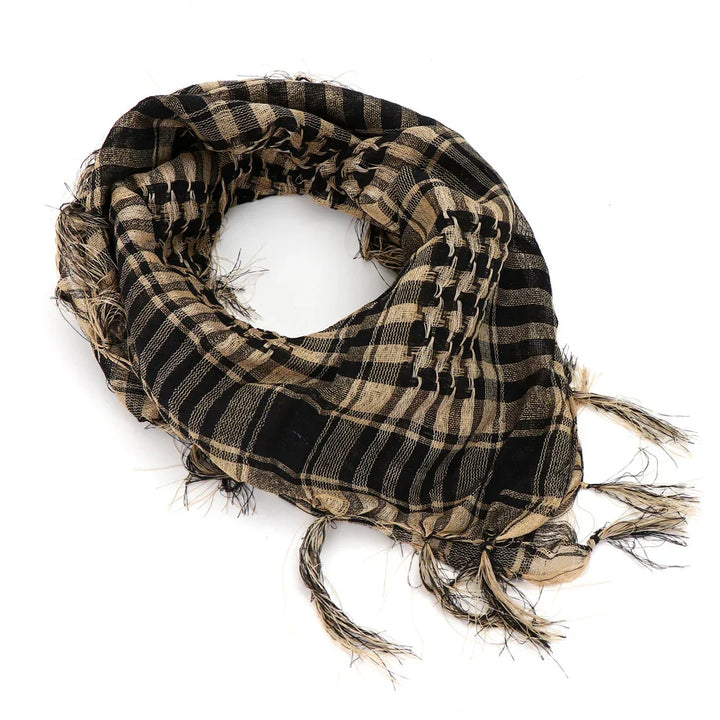 black and tan checkered shemagh scarf with tassels on white background