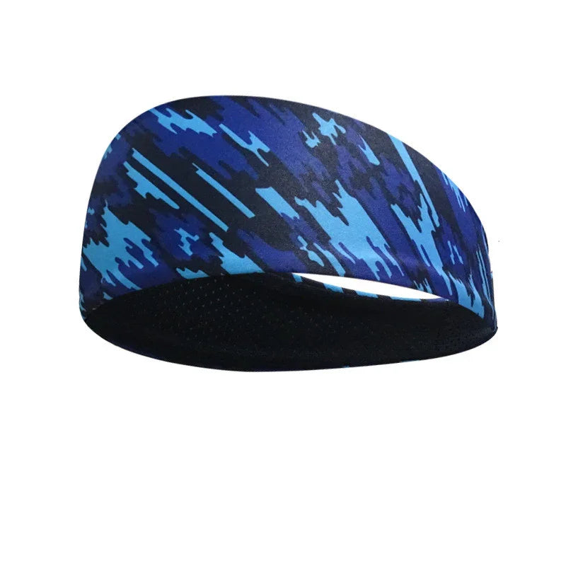 Blue and black camouflage patterned sports headband with a black inner lining
