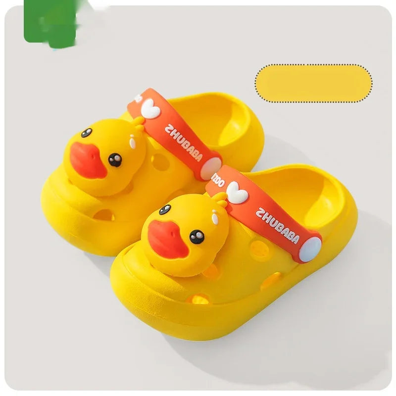 Yellow kids' clogs with cute 3D duck faces and red straps reading ZHUGABA, bright rubber shoes