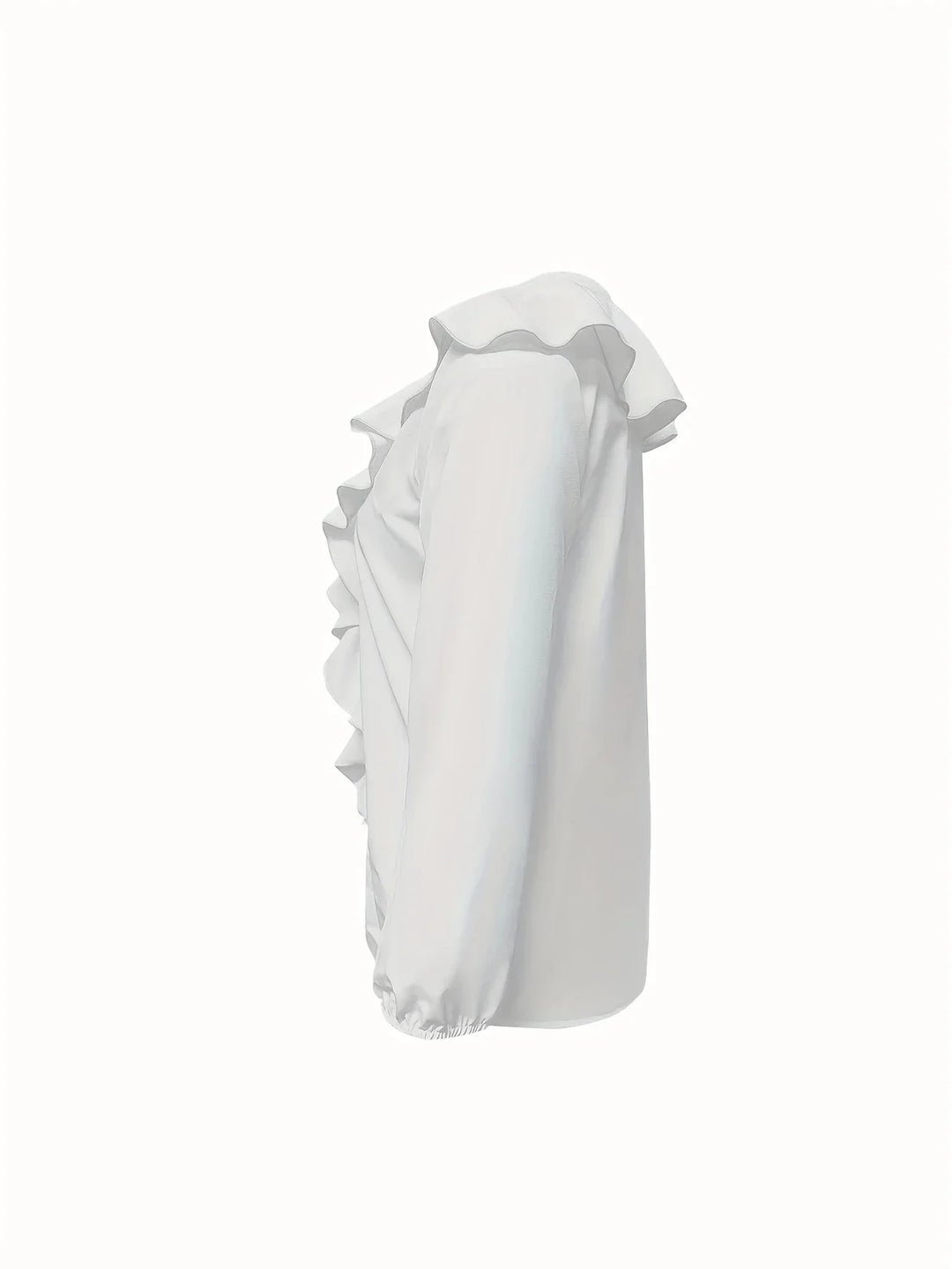 White long sleeve blouse with ruffle trim down front and around collar, elastic cuffs