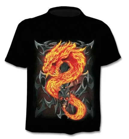 Black t-shirt with fiery orange dragon and skull graphic design