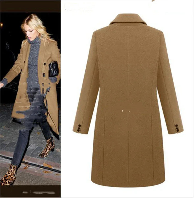 Camel brown wool blend women's coat with structured back and buttoned cuffs, styled with casual outfit