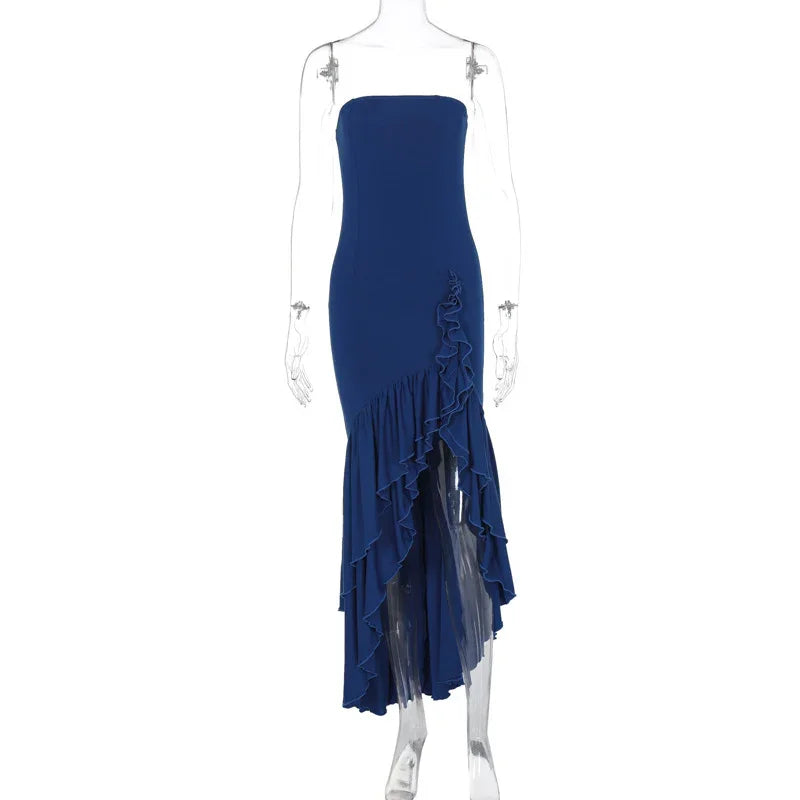 strapless navy blue high-low dress with ruffle hem on transparent mannequin