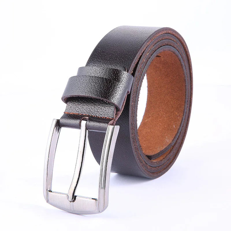 rolled dark brown leather belt with silver rectangular buckle on white background