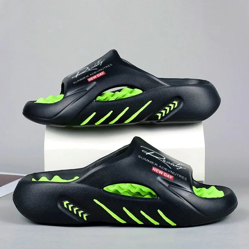 Black and neon green summer slippers with wavy sole design and text New Day on top