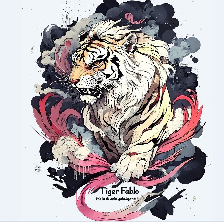 Dynamic tiger illustration with flowing pink and black smoke effects, bold stripes, and intense expression