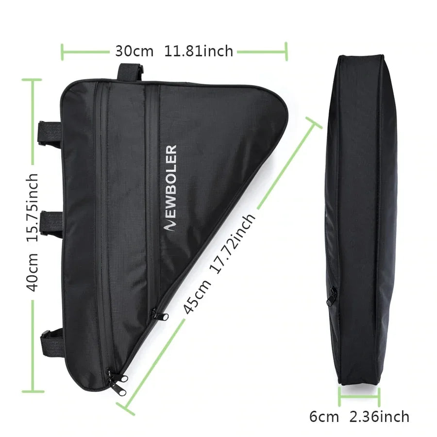 Black triangle NEWBOLER bike frame bag with zippers, size 45x40x30x6cm