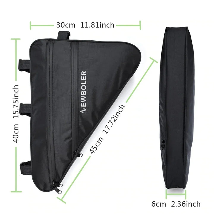 Black triangle NEWBOLER bike frame bag with zippers, size 45x40x30x6cm