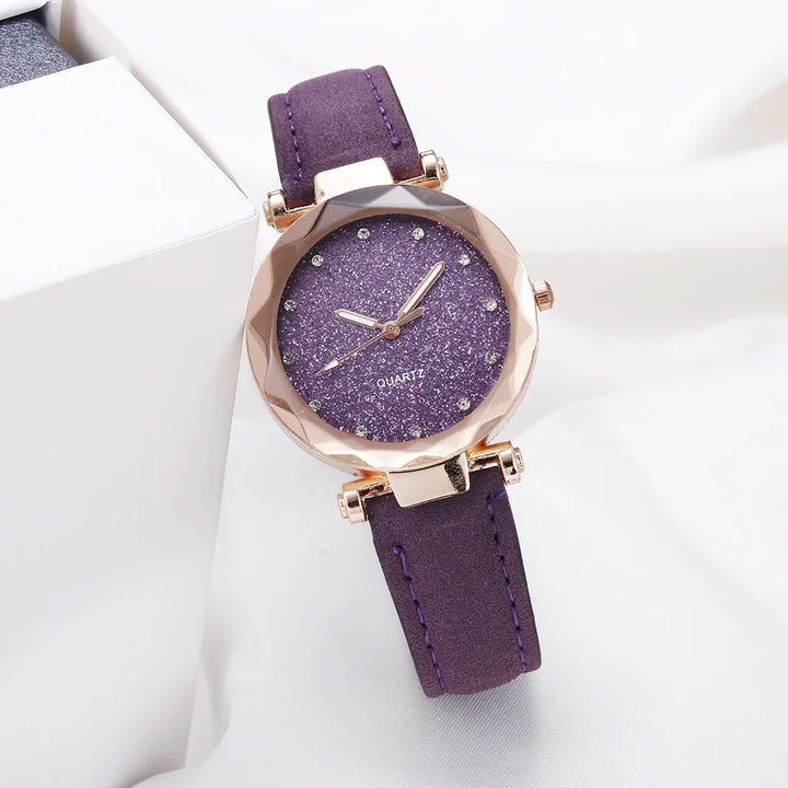 Elegant women's quartz wristwatch with glittery purple dial and purple leather strap