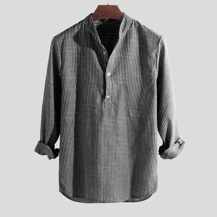 Men's long sleeve black shirt with white vertical stripes and a buttoned collar