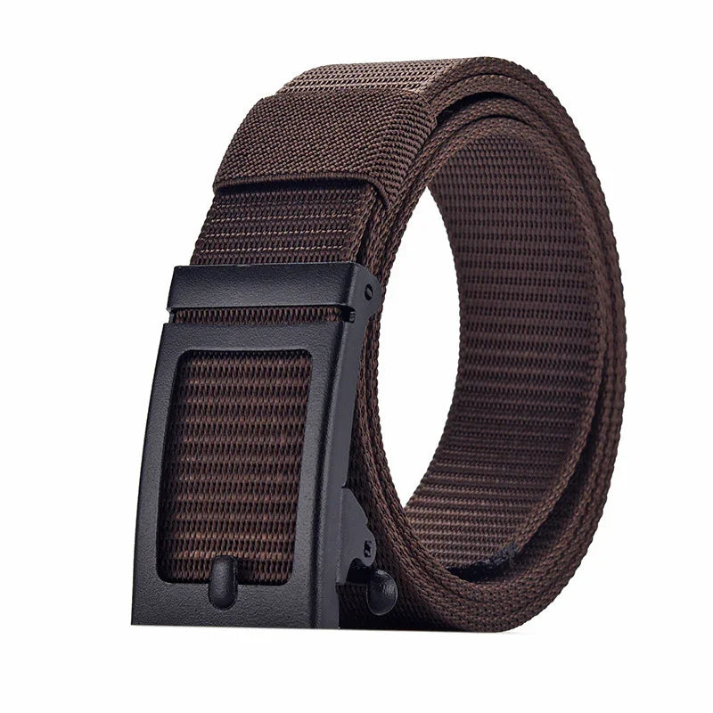 brown woven fabric belt with black metal buckle rolled up on white background
