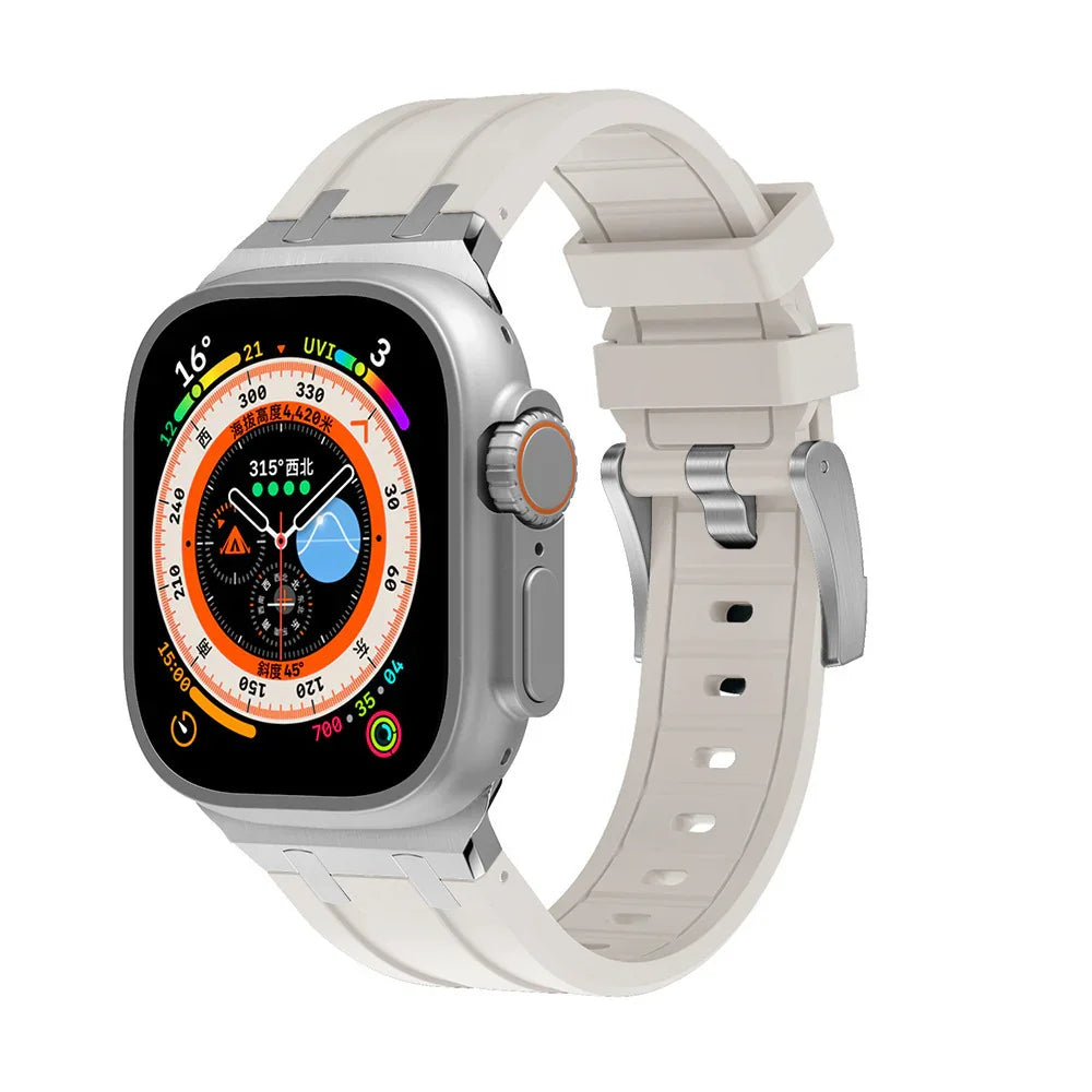 Silver smartwatch with white sport band showing colorful compass and weather app on display