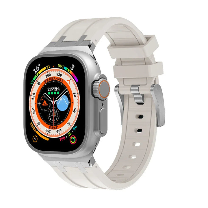 Silver smartwatch with white sport band showing colorful compass and weather app on display