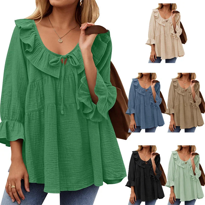 Women wearing loose ruffle neck long sleeve blouses in green, beige, blue, brown, black, and mint colors