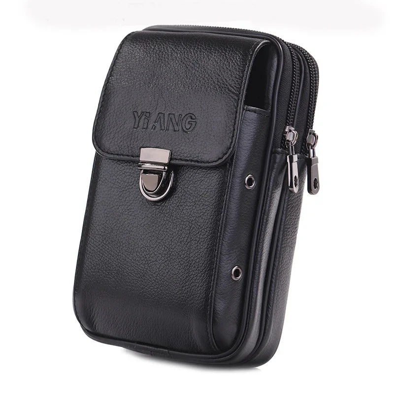 Black leather compact men's waist bag with metal clasp and dual zippered compartments