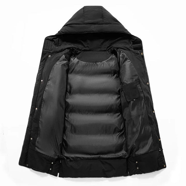 Black insulated winter jacket laid open showing padded interior lining and hood