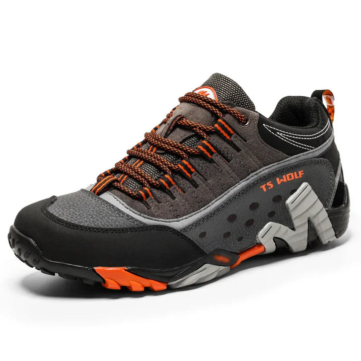TS WOLF men's gray and black hiking shoe with orange accents and rugged sole
