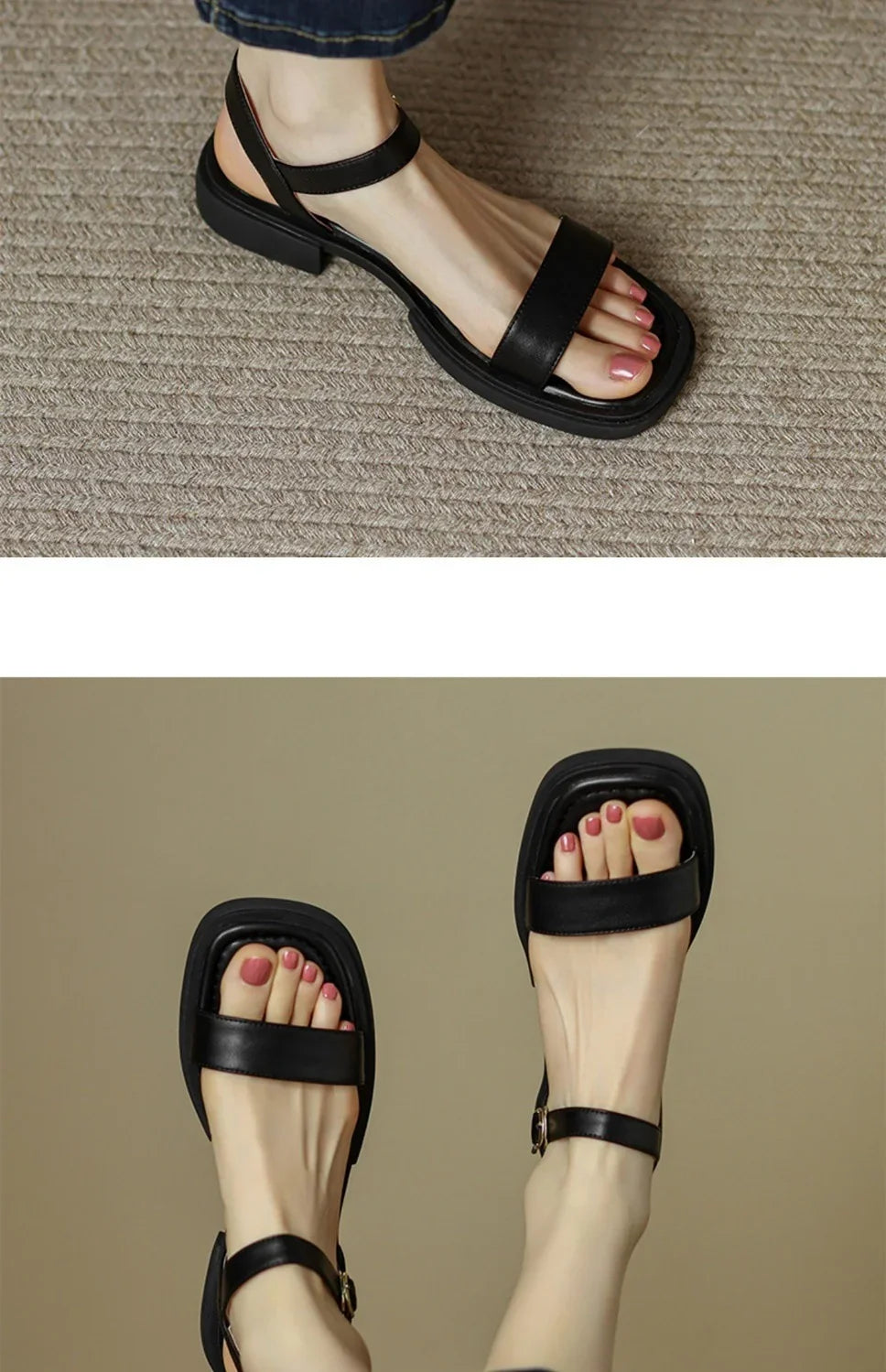 Black leather open-toe ankle strap sandals with square toe design and pink painted toenails